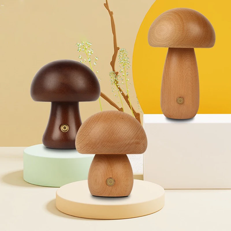 Solid Wood Mushroom Night Light Touch Dimmable LED Lamp Cute Desk Bedside Lamp Rechargeable Bedroom Sleeping Decor Gift for Kids