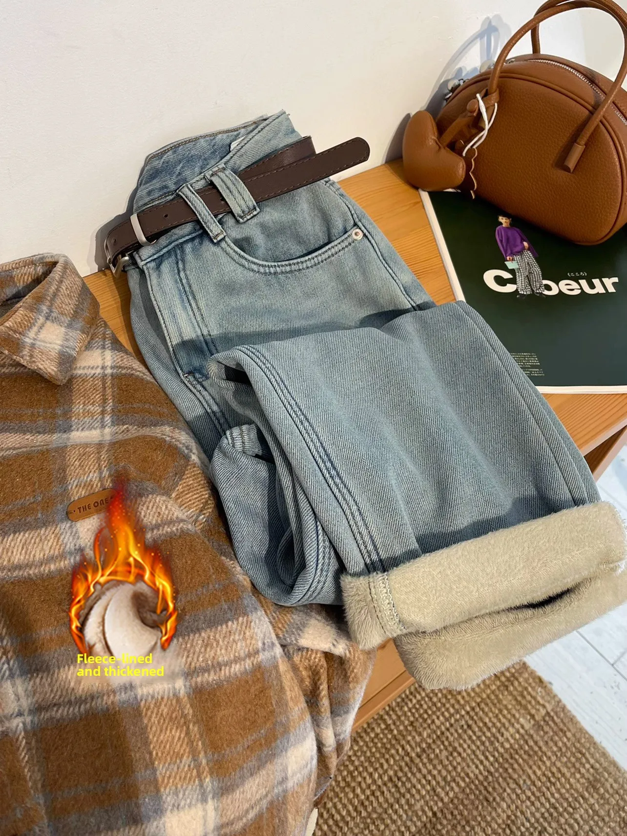 

Winter Thickened Fleece High Waist Straight Leg Blue Jeans Women's Loose Slimming Jeans Vintage Style Bootcut Dad Pants