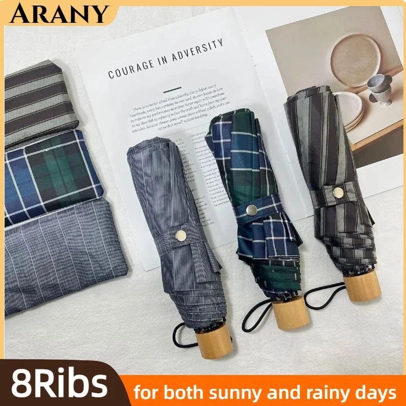

ARANY Retro Checkered Wooden Handle Folding Umbrella Lightweight Striped Student Umbrella Men's Business Advertising Umbrella