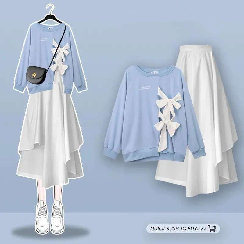 

Women's Spring Autumn Sweet Bowknot Loose Sweatshirts Asymmetrical White Skirts Sets Lady Falls Casual Blue Tops Skirt Outfits