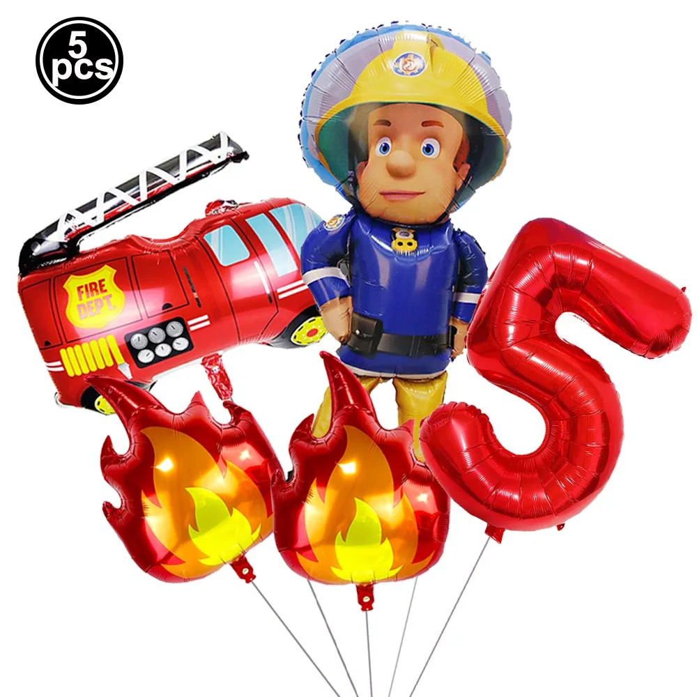 5pcs Fire Balloon Firefighter Fire Truck 32inch Red Number Balloons Set Boys Fire Theme Birthday Party Decoration Supplies