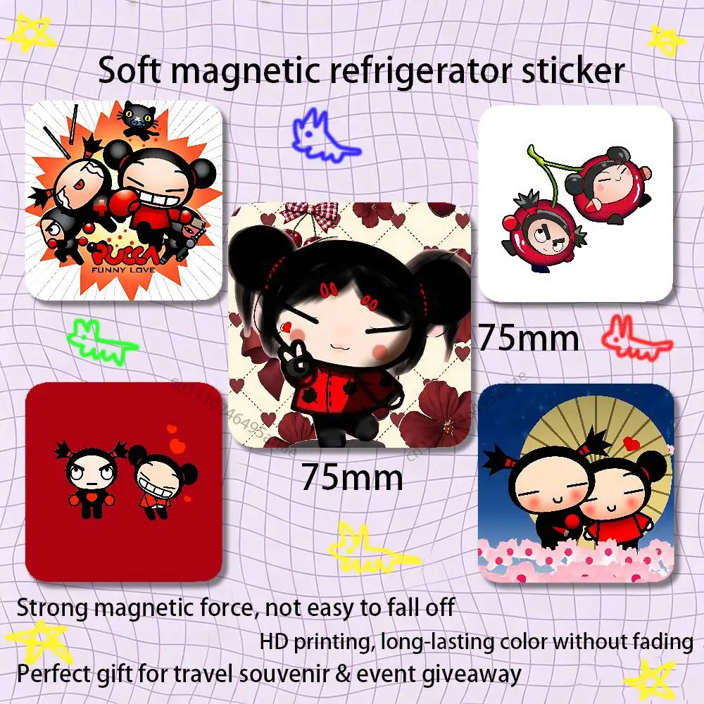 Cute Cartoon Pucca Garu Black Square Plastic Fridge Magnet, for Magnetic, No Trace Left, Durable, Smooth and Textured