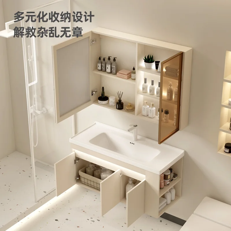 Small apartment wide 35/40/45/50cm narrow side cream wind solid wood bathroom cabinet ceramic integrated basin with side