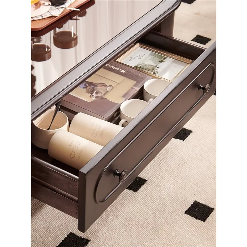 طاولة القهوة الأمريكية الرجعية الزجاج تخزين الراقية الأثاث الأسود طاولة القهوة الخشبية الصلبة