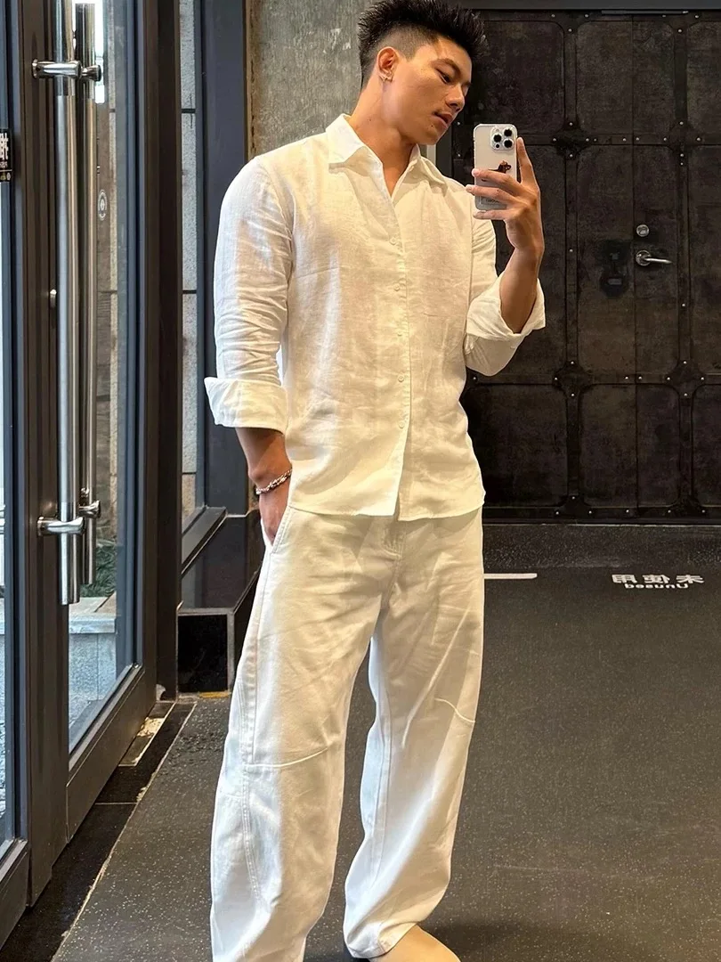 

Beach Vacation Style Cotton Linen Casual Set Men's Sunscreen Long Sleeve Shirt Linen Breathable Workwear Long Pants Two Piece...