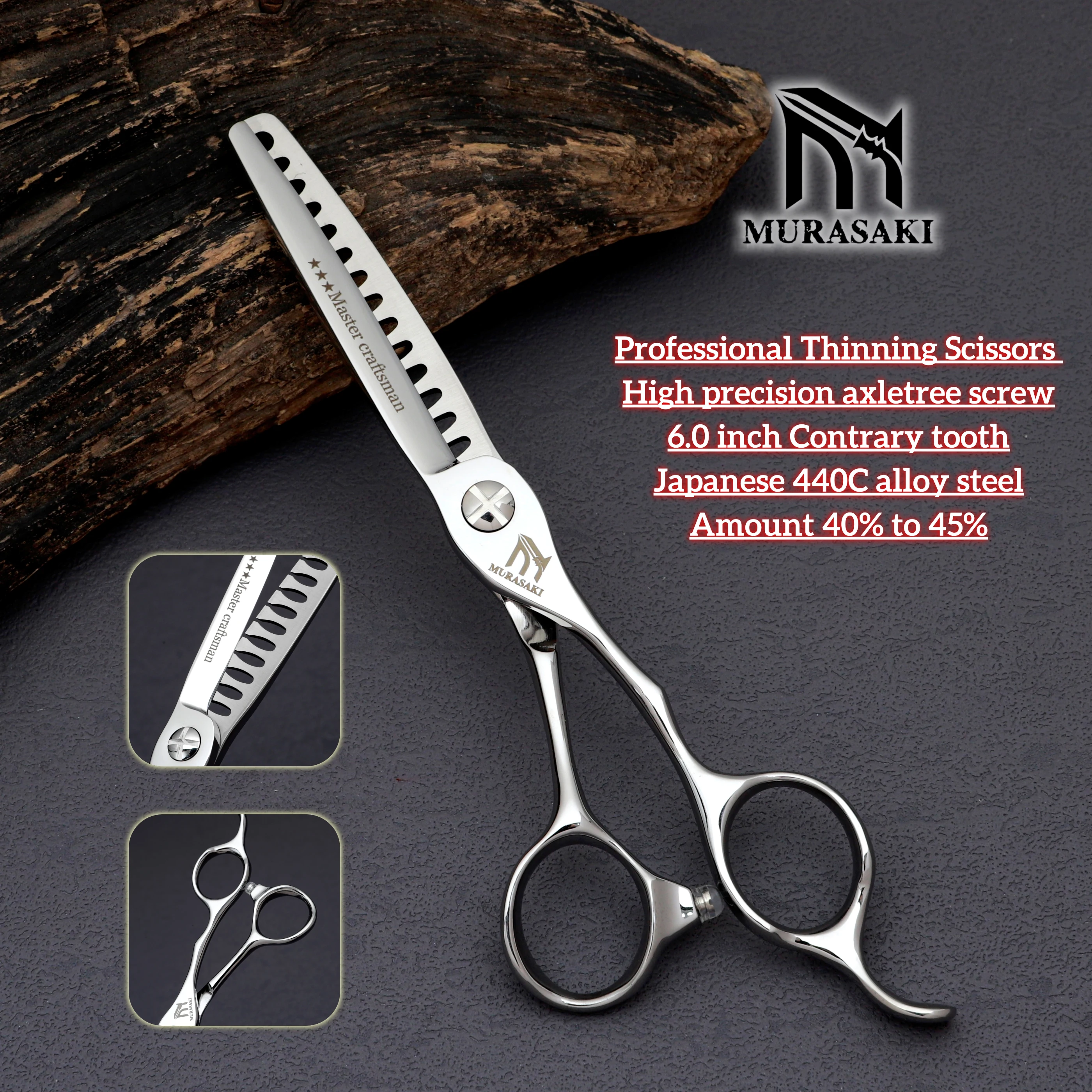MURASAKI 6-Zoll-Professionsschere mit umgekehrten Zähnen zum Ausdünnen, Hitachi 440C-Stahl-Friseurschere, hochwertige Haarschneidemaschine – Detail 6