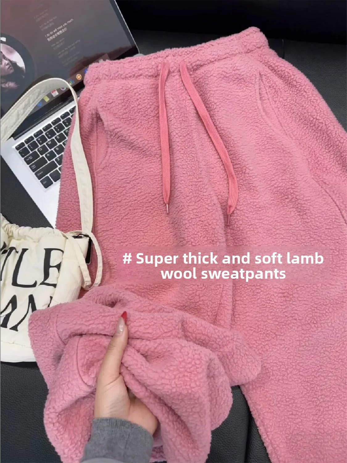 

Утепленные розовые брюки из овечьей шерсти для женщин, зимние теплые брюки с высокой талией, прямые брюки, повседневные широкие брюки с поясом