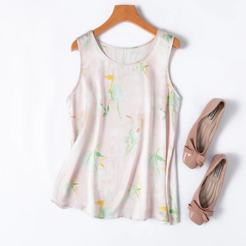 

Women Silk Tank Top 100% Mulberry Silk Pink Floral Printed O Neck Vest Sleeveless Summer Beach M1293