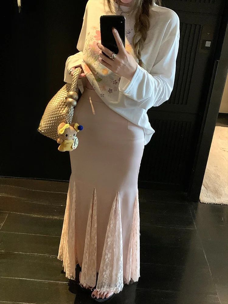 

High Waist A-Line Lace Satin Half Skirt Women Spring Summer Fish Tail Long Skirt Design Sense Bodycon Skirt Korean Style