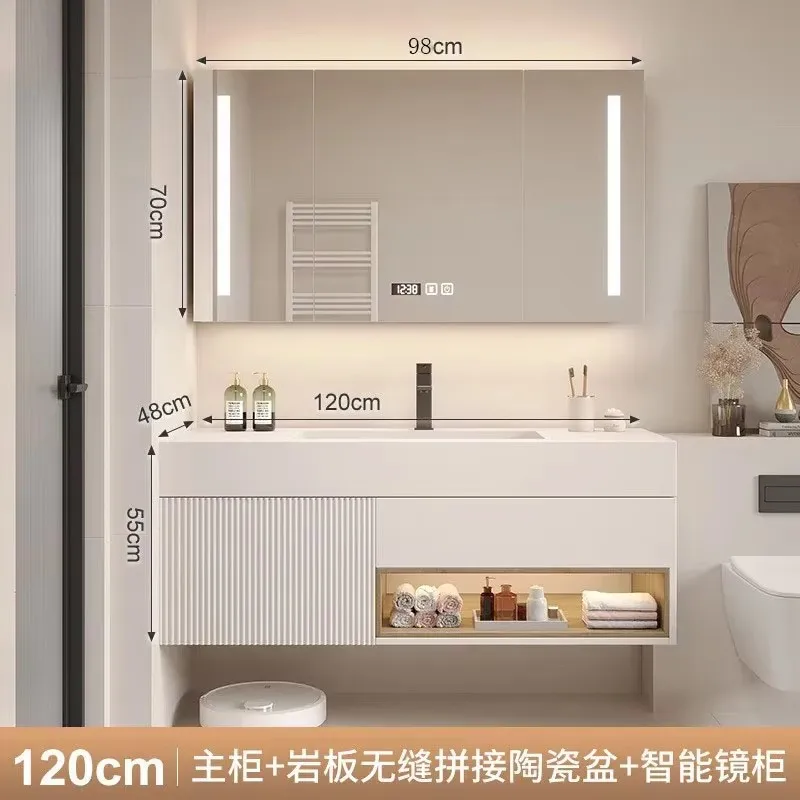 بسيطة الحديثة الحمام الغرور كومبو روك لوحة متكاملة خزانة حمام مغسلة الذكية ضوء مرآة خزانة الأثاث الفاخر #2