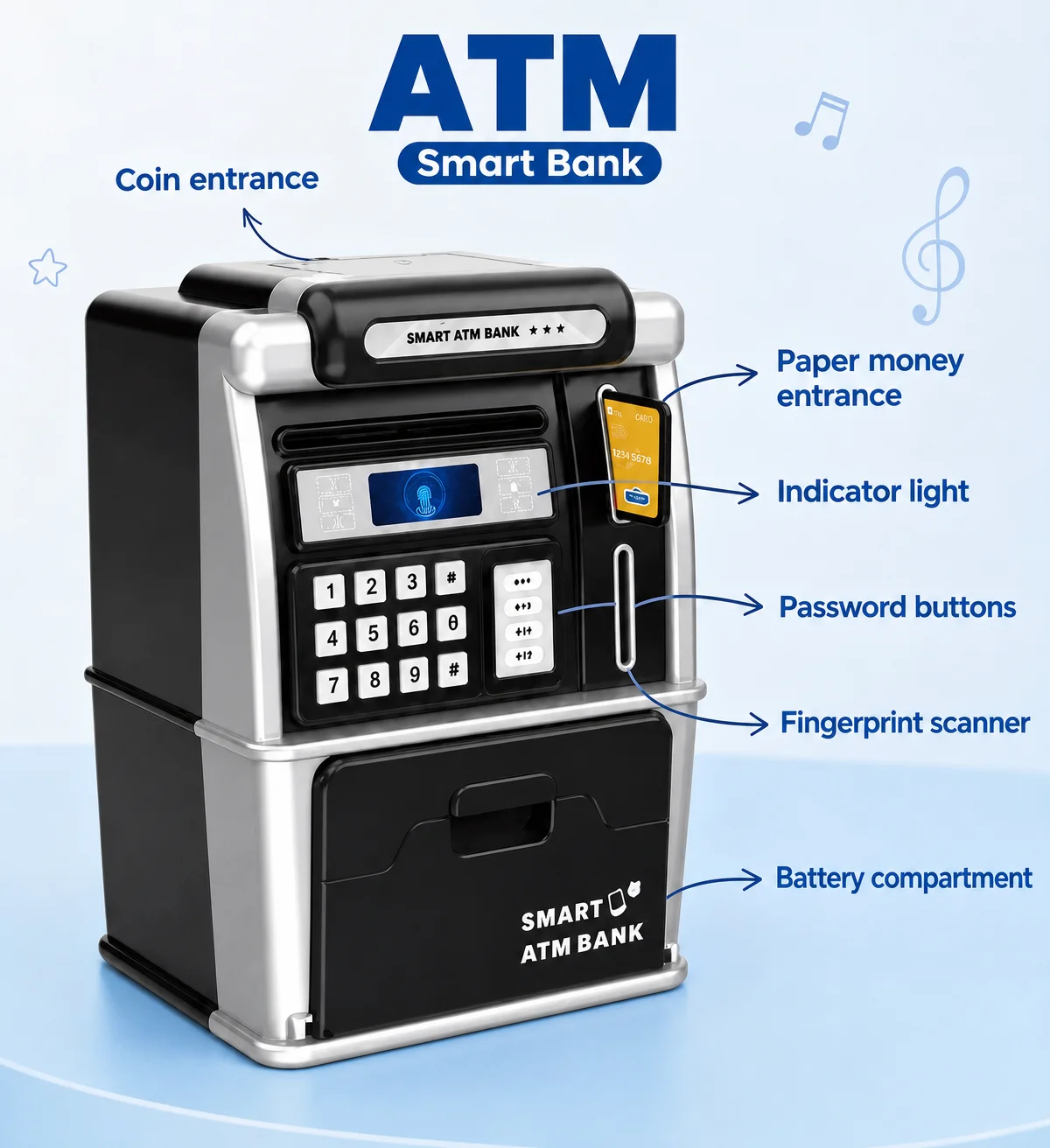 Smart Electronic ATM Piggy Bank for Kids Password Lock Money Saving Box Coin & Banknote Storage Toy Interactive Banking Gift for Boys Girls