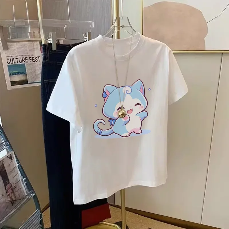 Snow Girl Series Original cartoon shy snow spirit printed pure cotton T-shirt for women summer loose casual round neck top ins