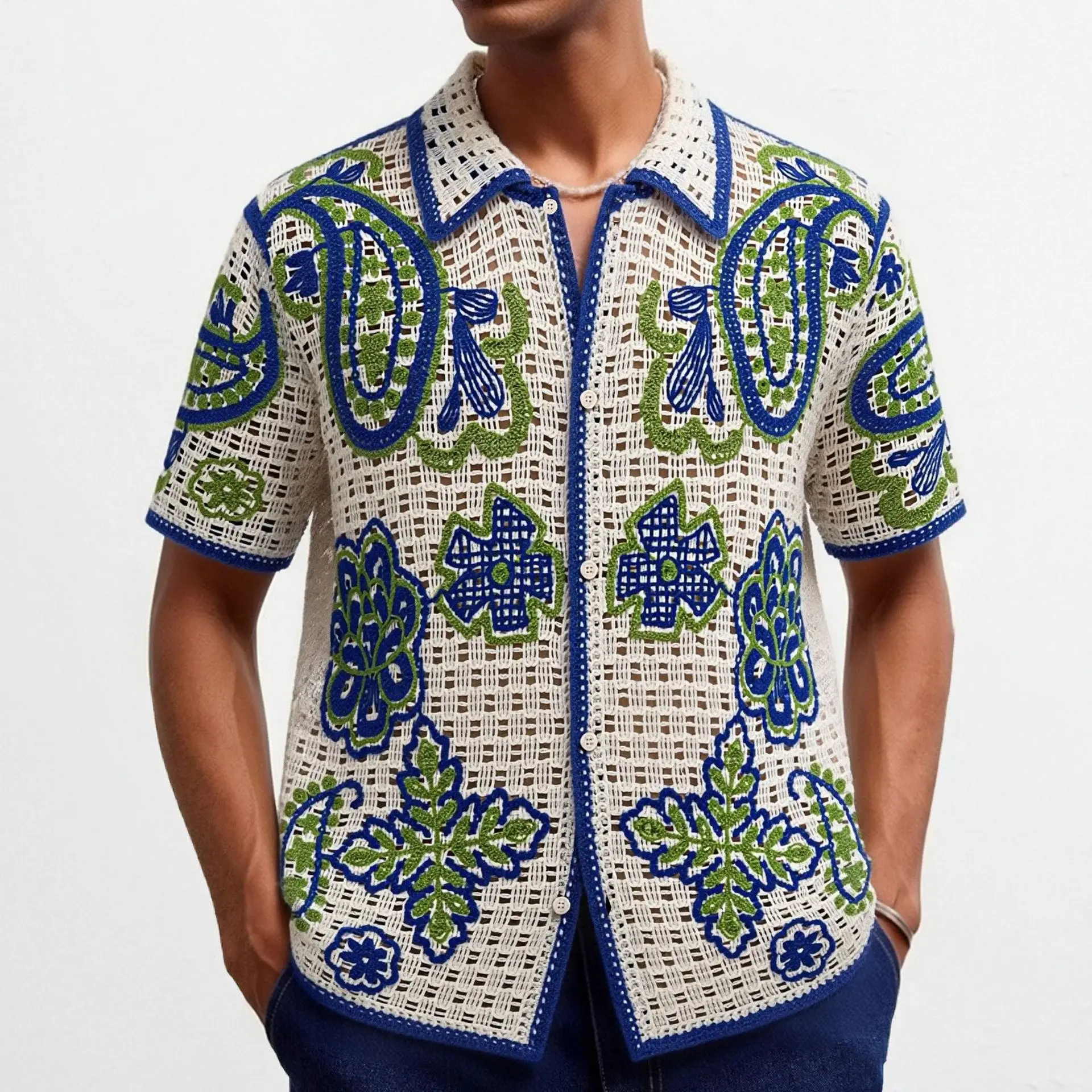 Summer Men Blue Green Color-coded Turn-down Collar Short Sleeve Simple Casual Trendy Polo Shirts for Holiday Male Fashion Tops