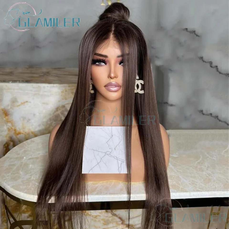 13x4 Chocolate Brown Straight 13x4 Silk Top Lace Front Wigs Human Hair Pre Plucked Brown Bleached 5x5 Silk Base Closure Wigs