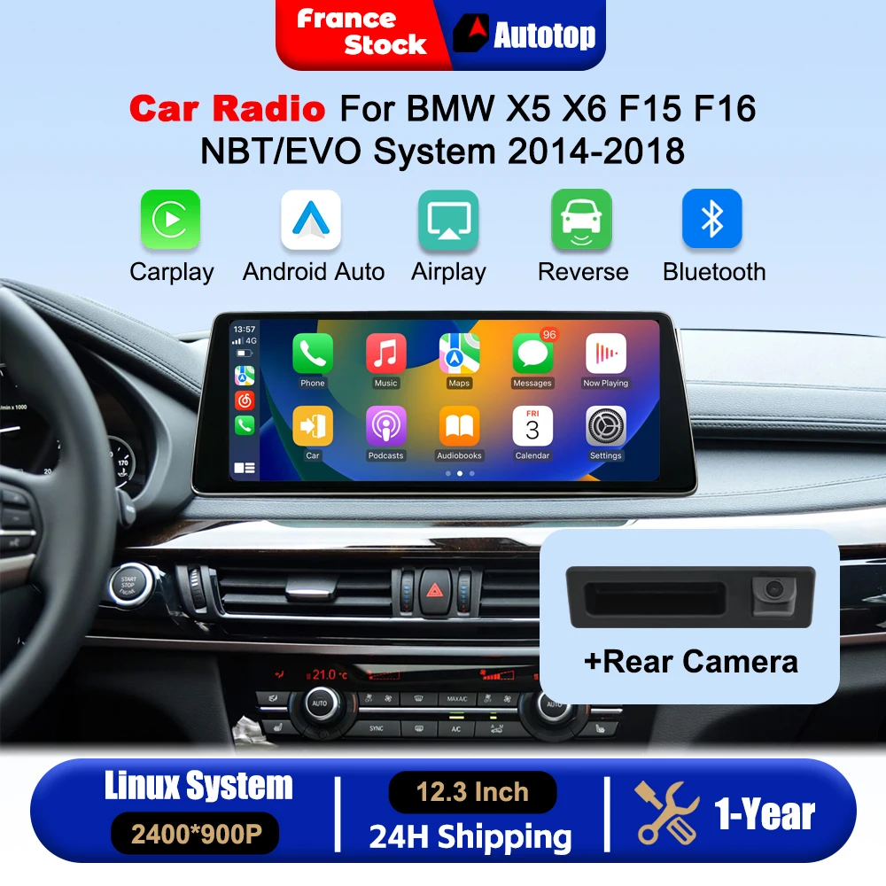 12.3 Inch 2400*900P Wireless CarPlay Android Auto Touch Screen For BMW X5 X6 F15 F16 NBT/EVO System 2014-2018 Car Intelligent Systems Smart Multimedia Car Radio With Rear Camera Bluetooth GPS Navigation Autolink Navi