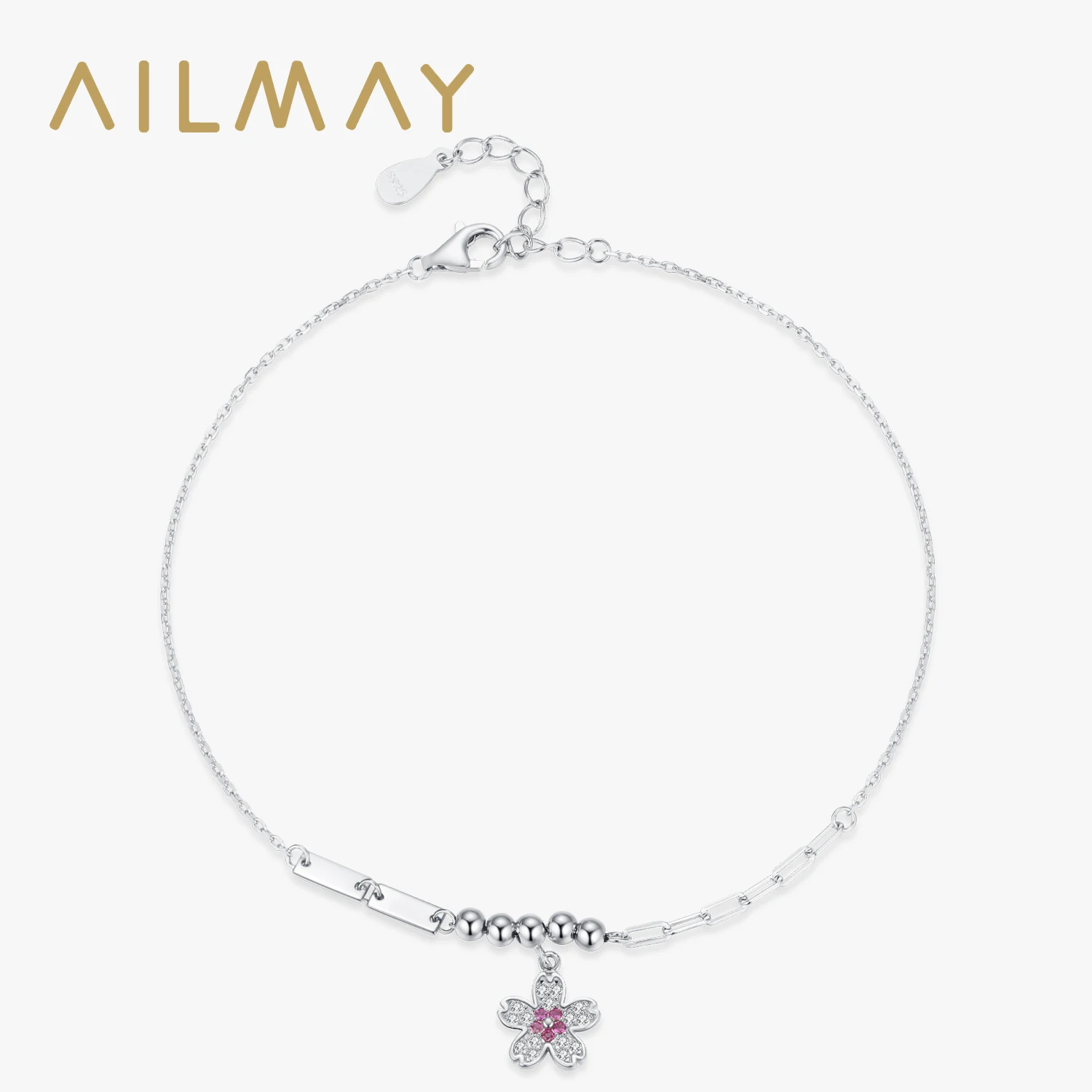 

Ailmay 100% Real 925 Sterling Silver Elegant Romantic Pink Zircon Flower Link Bracelets For Women Wedding Engagement Jewelry