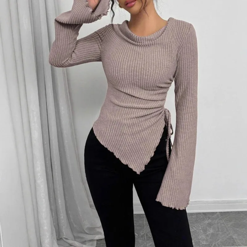 

Solid Color Crew Neck Asymmetrical Design Slim Fit Casual T-Shirt Comfortable Fashionable Women's Long Sleeve Polyester Basic