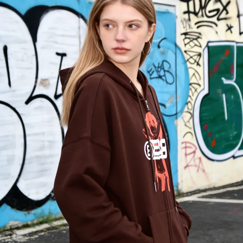 2025 Felpa con cappuccio coreana con cerniera retrò marrone Y2K da donna a maniche lunghe con cappuccio grande oversize morbido allentato moda di strada