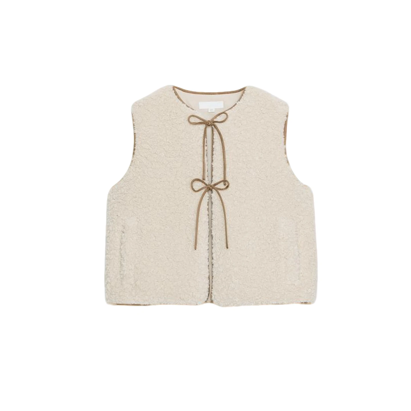 سترة نسائية جديدة للخريف بدون أكمام مع ياقة مستديرة ومزينة بعقدة فراشة من فرو الخروف، تصميم قصير بحمالات رفيعة