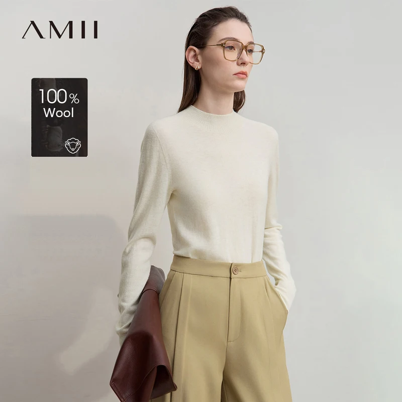AMII Women's Sweater 2026 Autumn New Versatile Semi-turtleneck Tops Ladies Knitted Wool Basic Casual Pullover For Woman 12523162