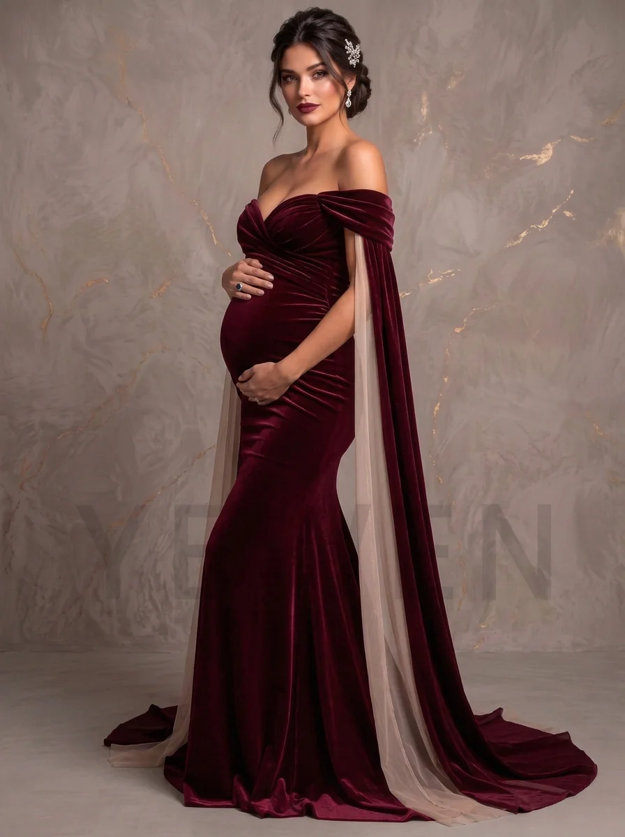 Burgundy Velvet Maternity Gown for Photoshoot Long Cape Sleeve Pregnancy Photography Gown L-26948