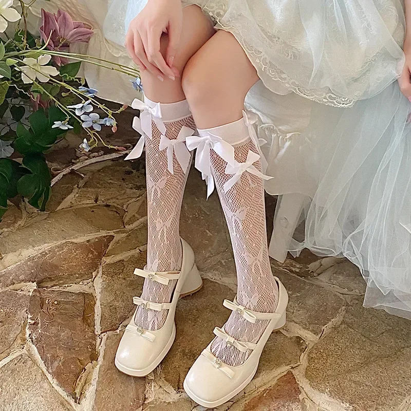 Vrouwen Meerdere Bows Veters Mid-Kalf Sokken Sexy Netkousen JK Lolita Harajuku Mesh Hollow Out Prinses Ballet Stijl sokken