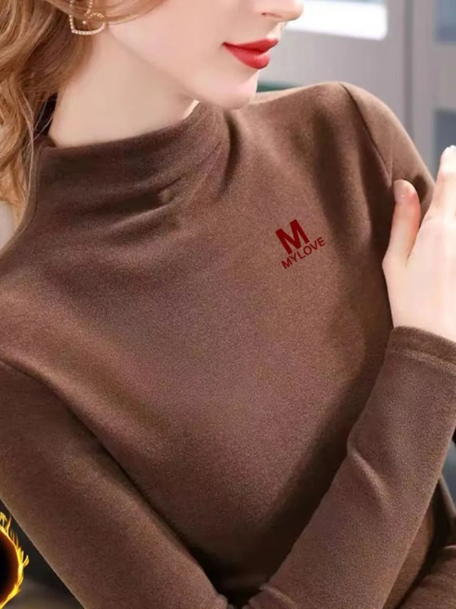 

Women's Thermal Long Sleeve Fleece Lined Thickened Half High Collar Base Shirt Autumn Winter Set of Multiple Pieces
