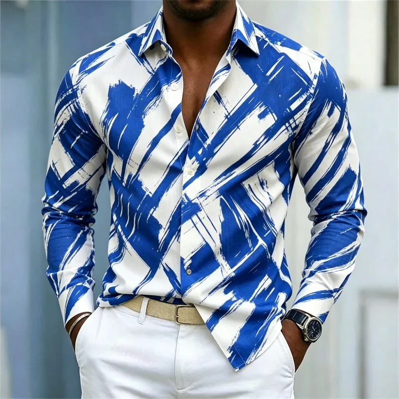

Men's shirt trend graffiti print men's shirt blue and white contrasting long sleeved non ironing personalized street style top