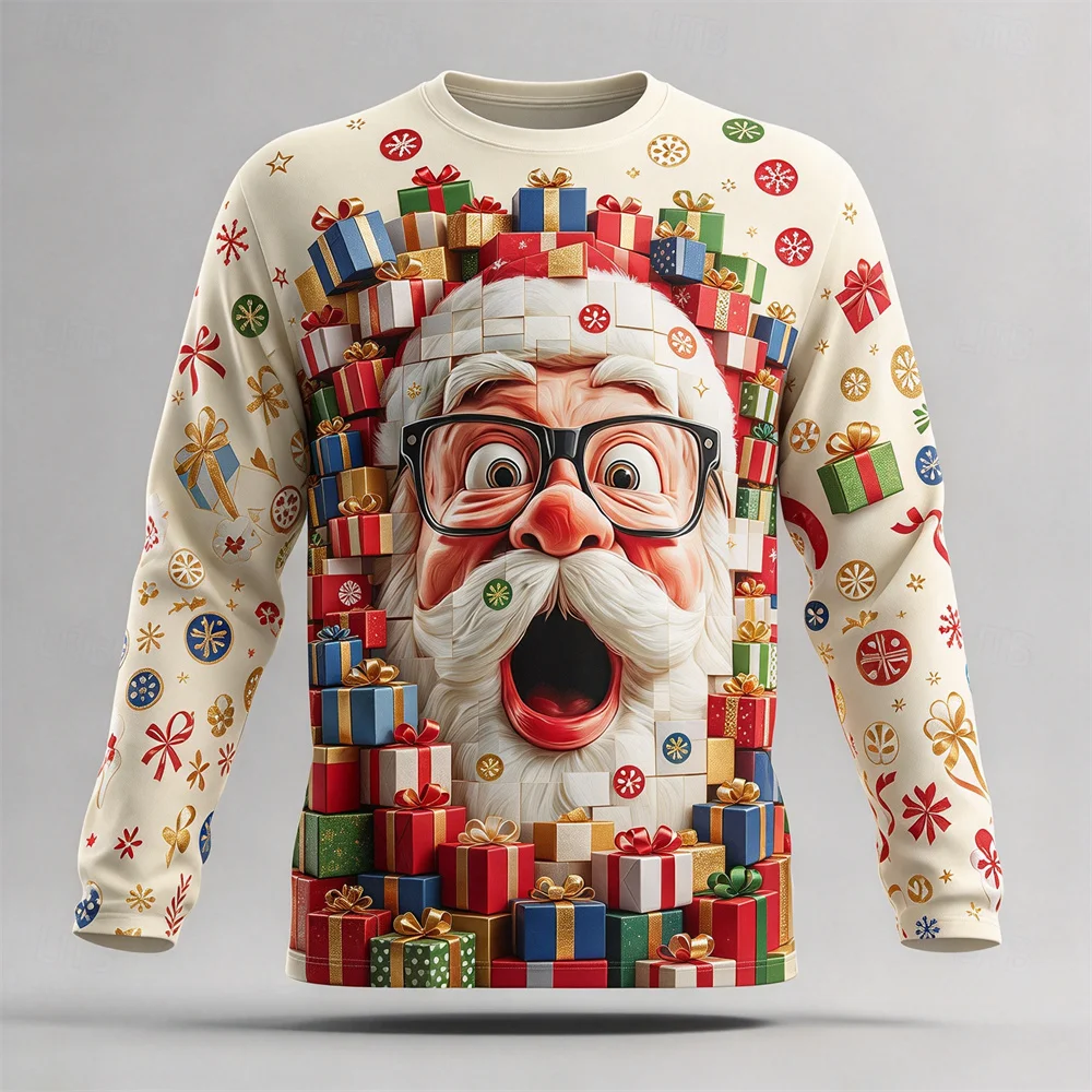 Ugly Christmas Men Long Sleeve T-shirts Santa Claus Cotton Comfortable Casual Tops Winter Xmas Party Outfit Holiday Gift For Men