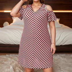 Fashion Plus Size Women Dresses Summer Off Shoulder Short Sleeve Loose Mini Dress Casual Cross V-Neck Striped Print Short Dress