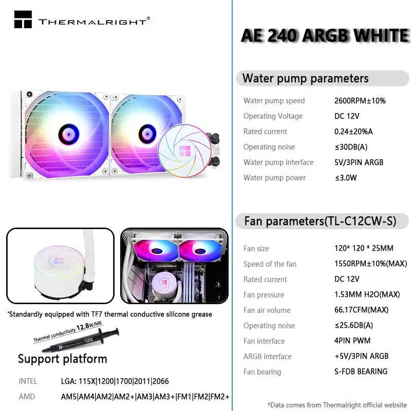 Thermalright AQUA ELITE 240 White ARGB Water Cooling Radiator 5V 3PIN ARGB Fan CPU Liquid Cooler For LGA1200 1700 115x AM4 AM5