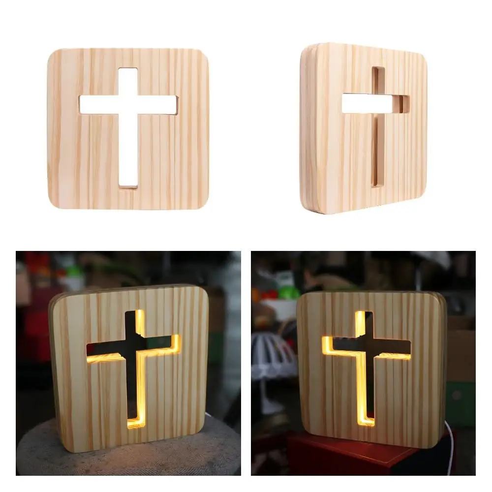 3D LED Wooden Cross Night Light USB Novelty Christianity Crucifix Crafts Wooden Desk Table Lamps Catholicism