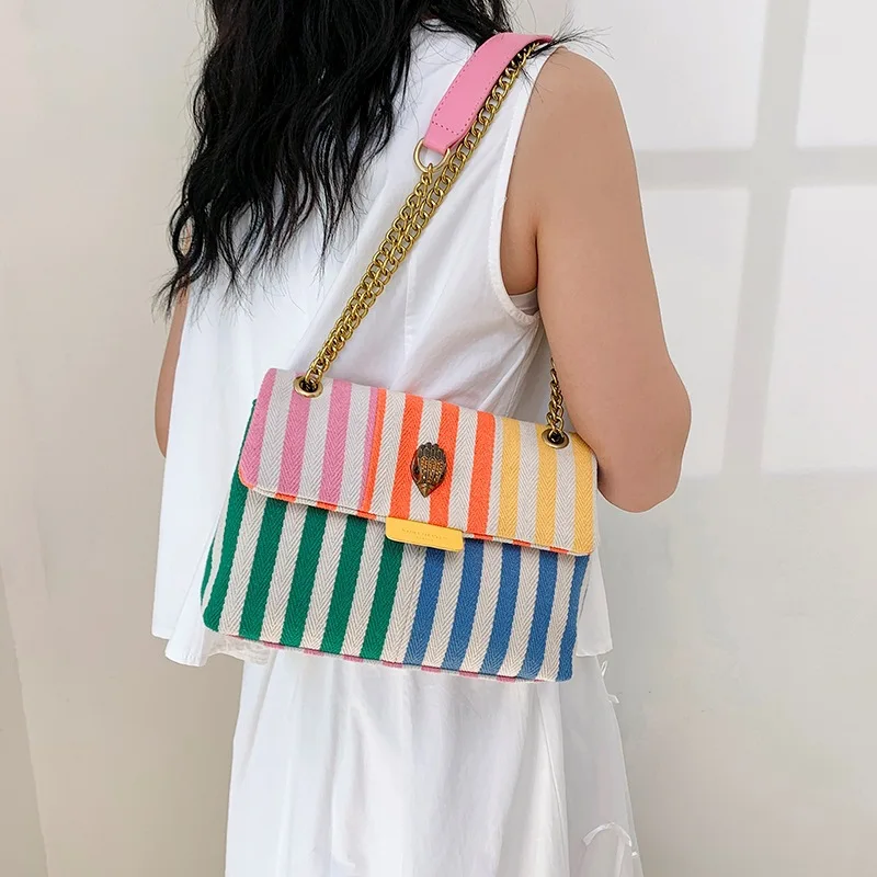 

2025 Trendy Beach Tote Colorful Striped Canvas Crossbody Bag, Waterproof Design Versatile Square Bag for Vacations Daily Errands