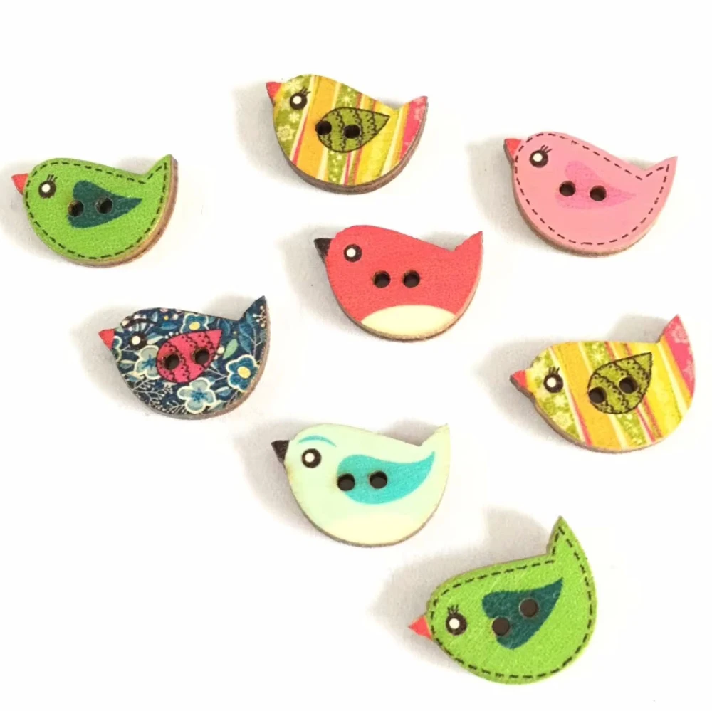 50PCs Mixed Wooden Buttons Cute Bird Pattern Decorati 2 Holes Round Wooden Buttons For Sewing, DIY, Clothing Accessories  7NK213