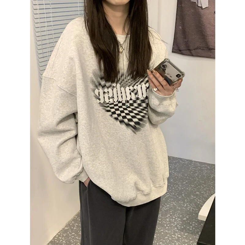 Harajuku Grey Crew Baggy Sweatshirt Women Spring Autumn Love Checkerboard Printing Vintage High Street Long Sleeves Pullover TOP