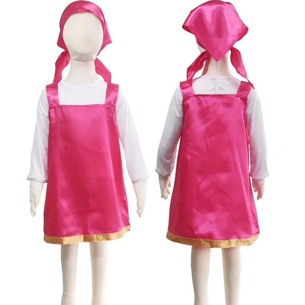 Halloween Masha Cosplay Anime Costume Outfit for Girls Pink Dresses Tshirt Head Scarf Skirt Set Carnival Dress Up Party