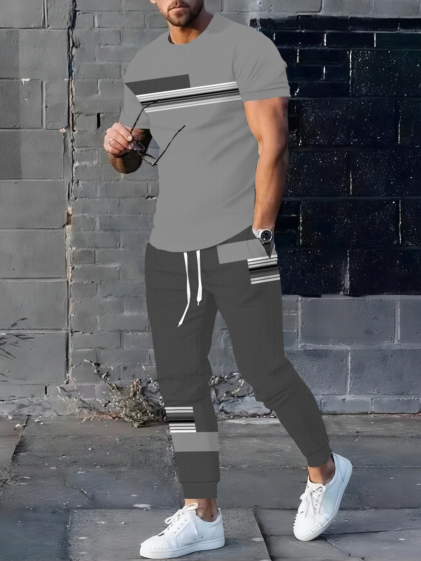 

Summer Men's Set Fashionable Street Style T-Shirt With Bold Letter Print Short-Sleeve Crew Neck Casual Trousers, Men's Set