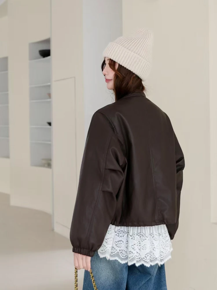 Vintage quente jaqueta de couro falso para mulher 2026 outono inverno o pescoço manga longa casaco do plutônio oversize luxo outwear ineo 5o131