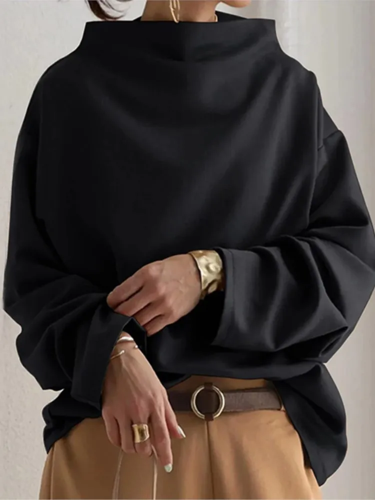 Spring Autum New Loose Top Women's Half Turtleneck Black Long Sleeve Solid Color High Street Trend For Female