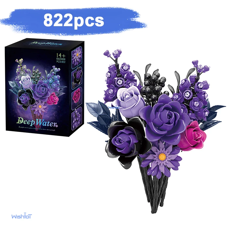 

822 шт., фиолетовая роза, готический букет, строительные блоки, цветы, искусственные цветы, ботанический домашний декор, подарок на День благодарения на день Святого Валентина