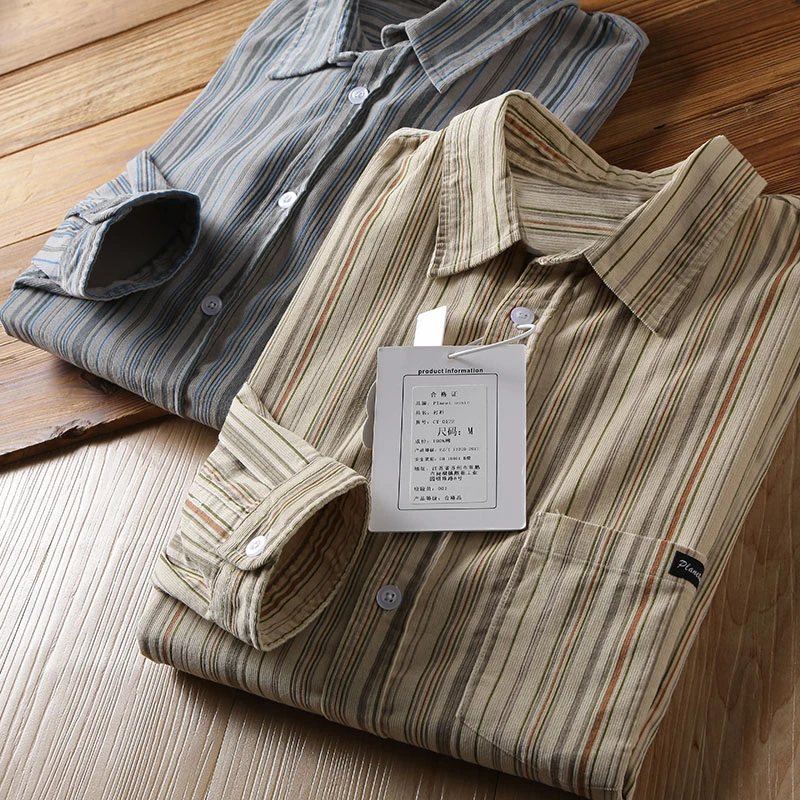 

Retro Soft Corduroy Long Sve irt Men's Spring Summer Casual Workwear Vertical Stripe Pattern All-Match Stand Fit irt