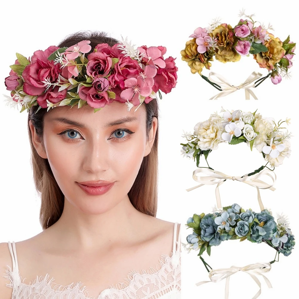 

Boho Big Flower Headwear for Women Adjustable Imitation Cloth Flower Crown Sweet Wedding Garland Girl Hair Tiaras Diadema Flores