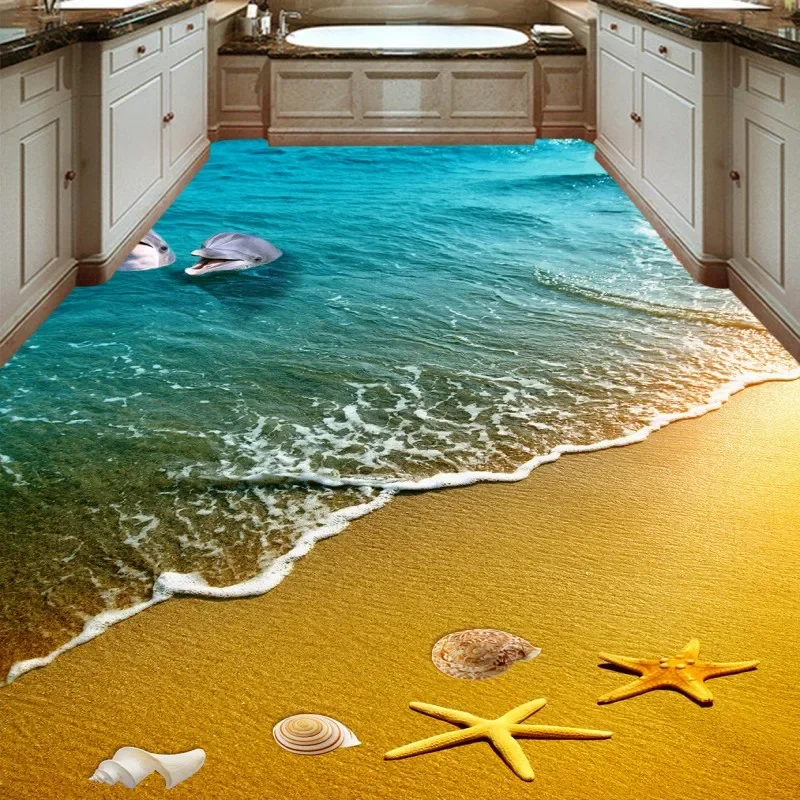 beibehang beach starfish dolphin 3D floor painted bathroom kitchen balcony PVC wallpaper from the floor mural 3D wall stickers
