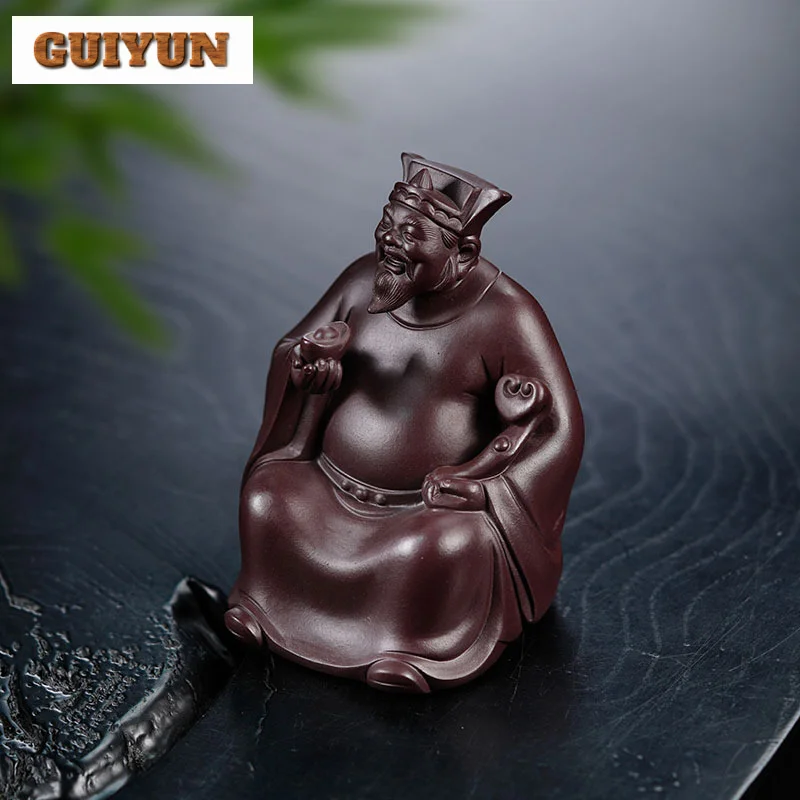 Yixing Character Sculpture Purple Clay Tea Pet God Of Wealth Figurine Ornaments Desktop Art Handmade Crafts Home Tea Set Decors