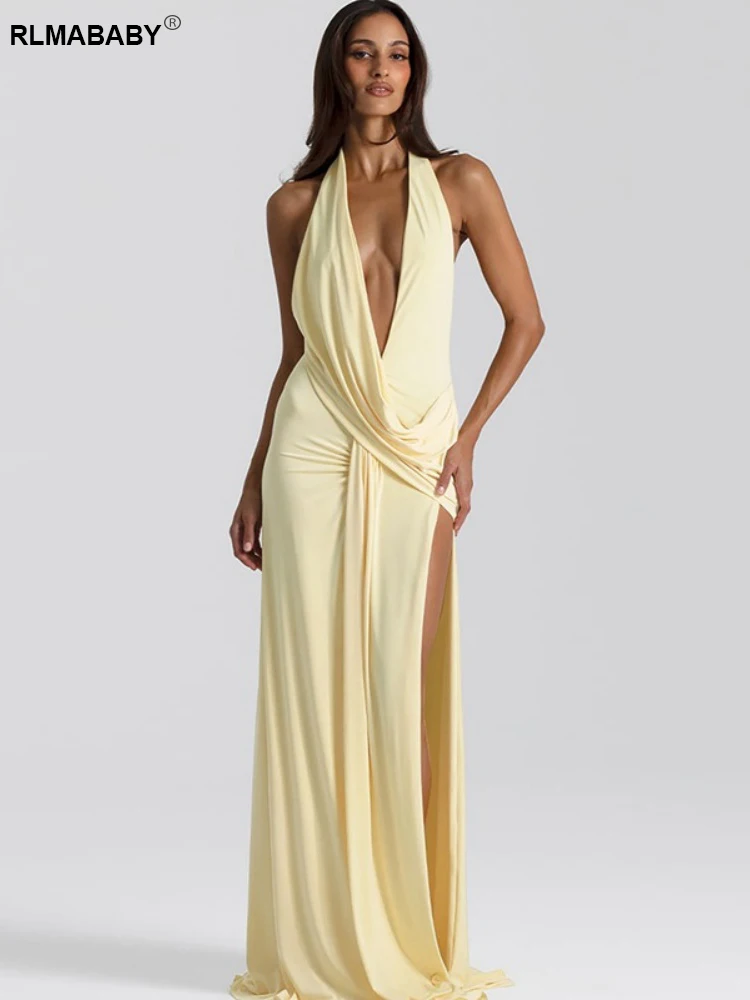 RLMABABY مثير العميق الخامس الرقبة عارية الذراعين الفخذ العليا سبليت المرأة Bodycon فستان طويل ثوب الرسن بلا أكمام فستان ماكسي غير النظامية للحفلات