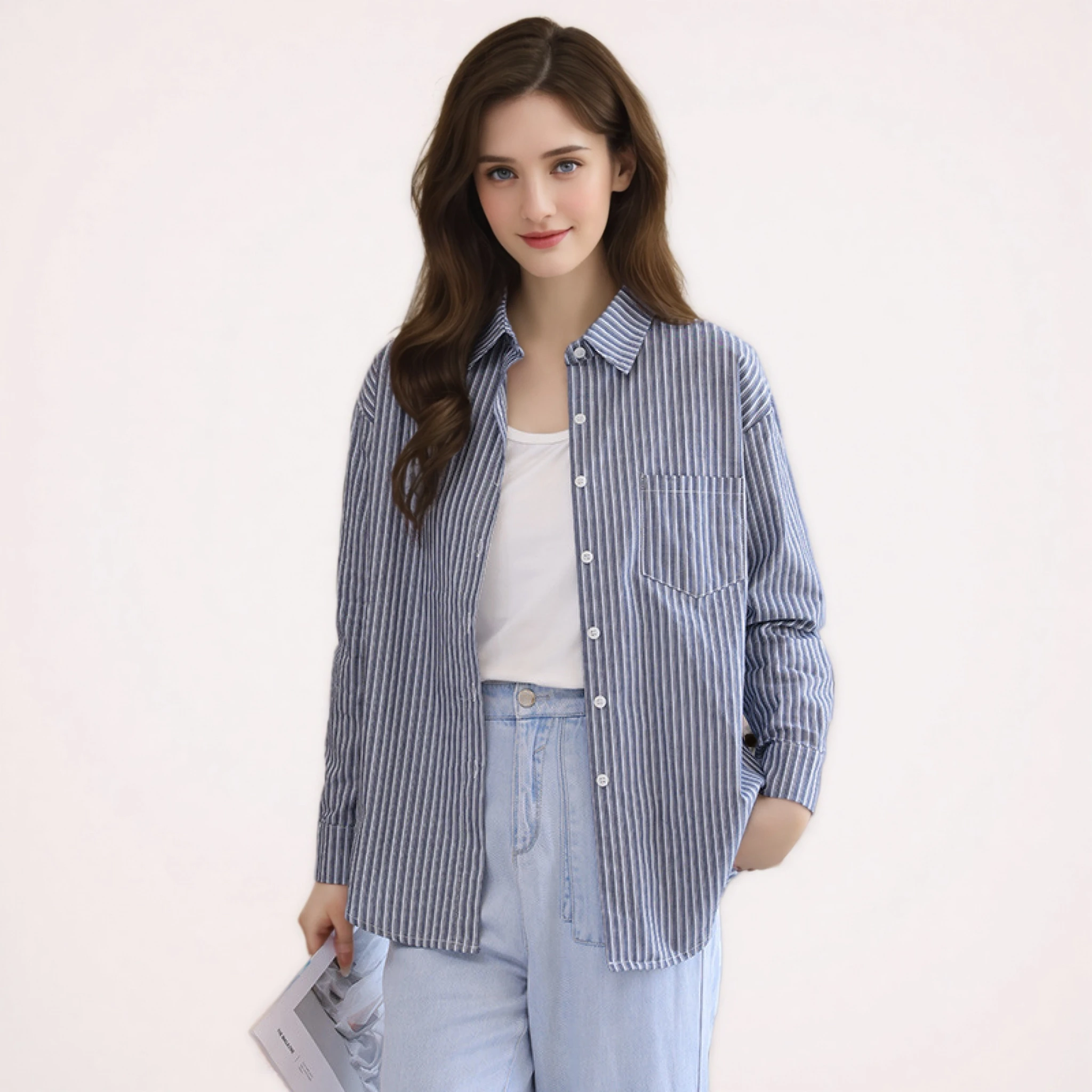 

Blue Striped Shirt For Women 2025 New Spring Autumn Loose Casual Long Sleeves Shirts Fashion Clothes Ladies Office Lady Wear