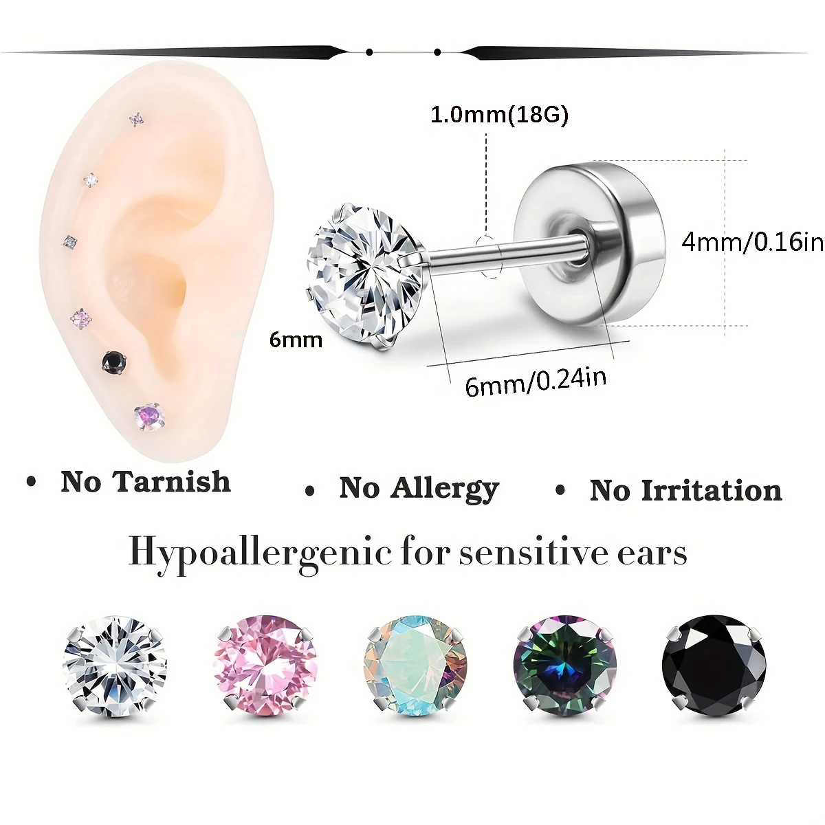 1 Pair Stainless Steel Round Cubic Zirconia Flat Back Stud Earrings Piercing Sleeper Cartilage Screwback Studs for Women Men