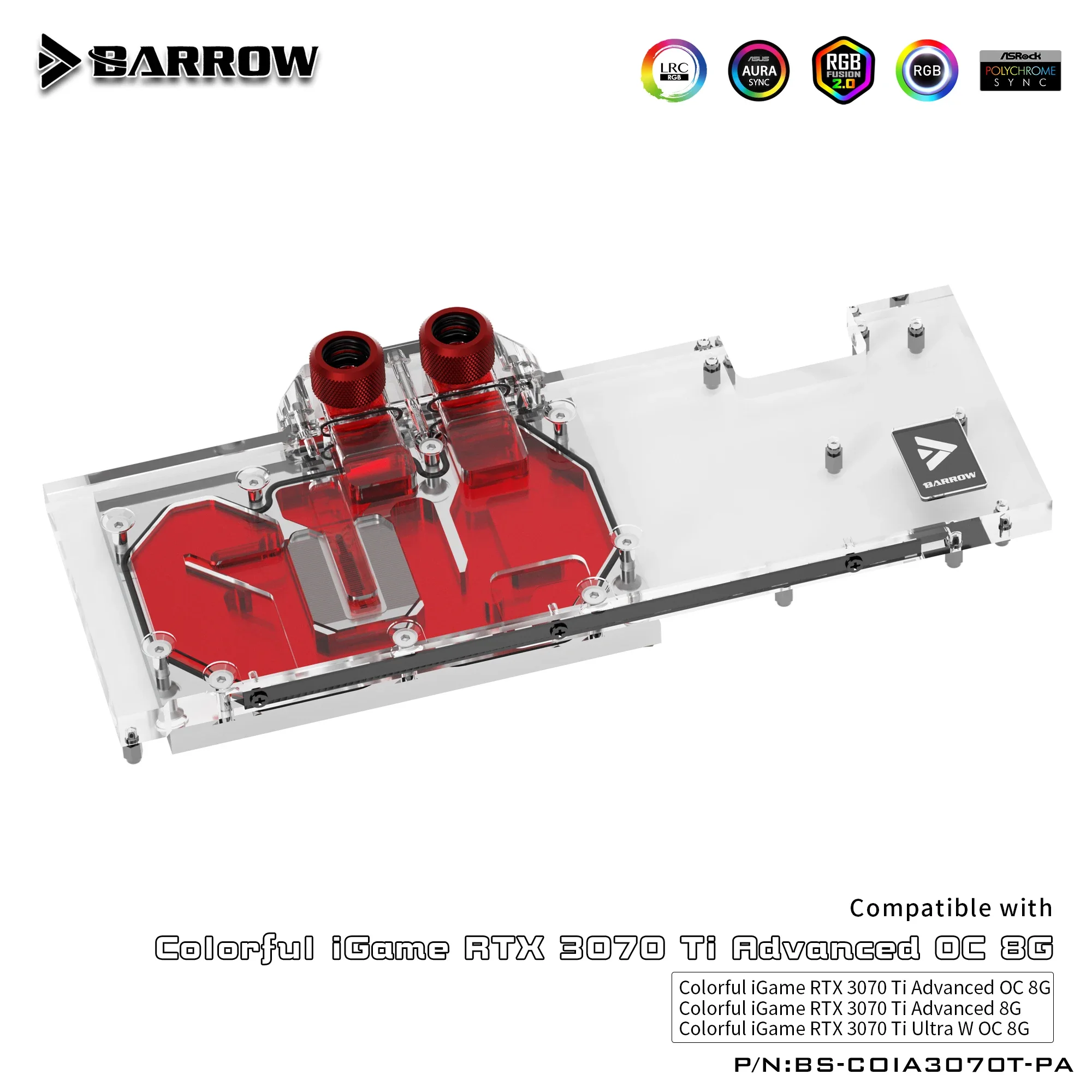 

Barrow GPU Water Block,For Colorful IGame RTX 3070 TI Advanced OC / Ultra W OC 8G,Full Cover Water Cooler BS-COIA3070T-PA