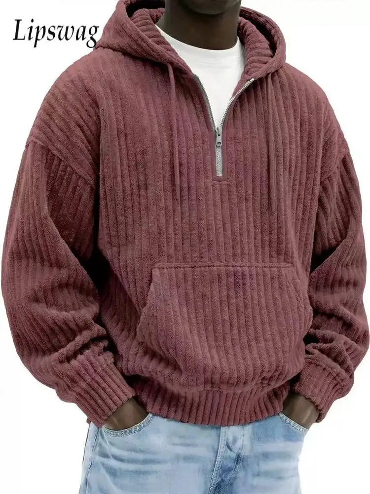 Vintage Tie-up Pullover Mens Fall Winter Corduroy Hooded Sweatshirts Men Fashionable Solid Color Zipper Long Sleeve Polo Shirts