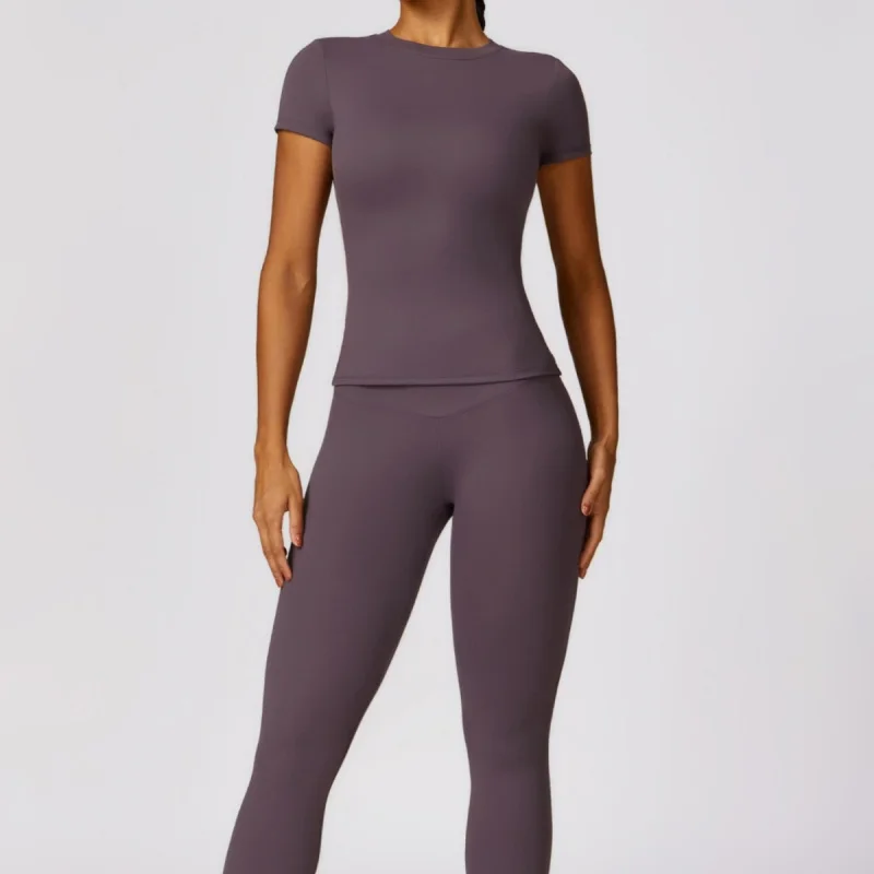 -Chemise femme séchage rapide Yoga entraînement en plein air course sport col rond serré minceur manches courtes coupe ajustée pantalon costume